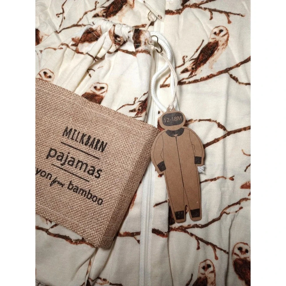 MILKBARN Baby 12 18 Mos OWL Rayon Bamboo Pajamas 1pc Longall Beige Unisex Cream‎
